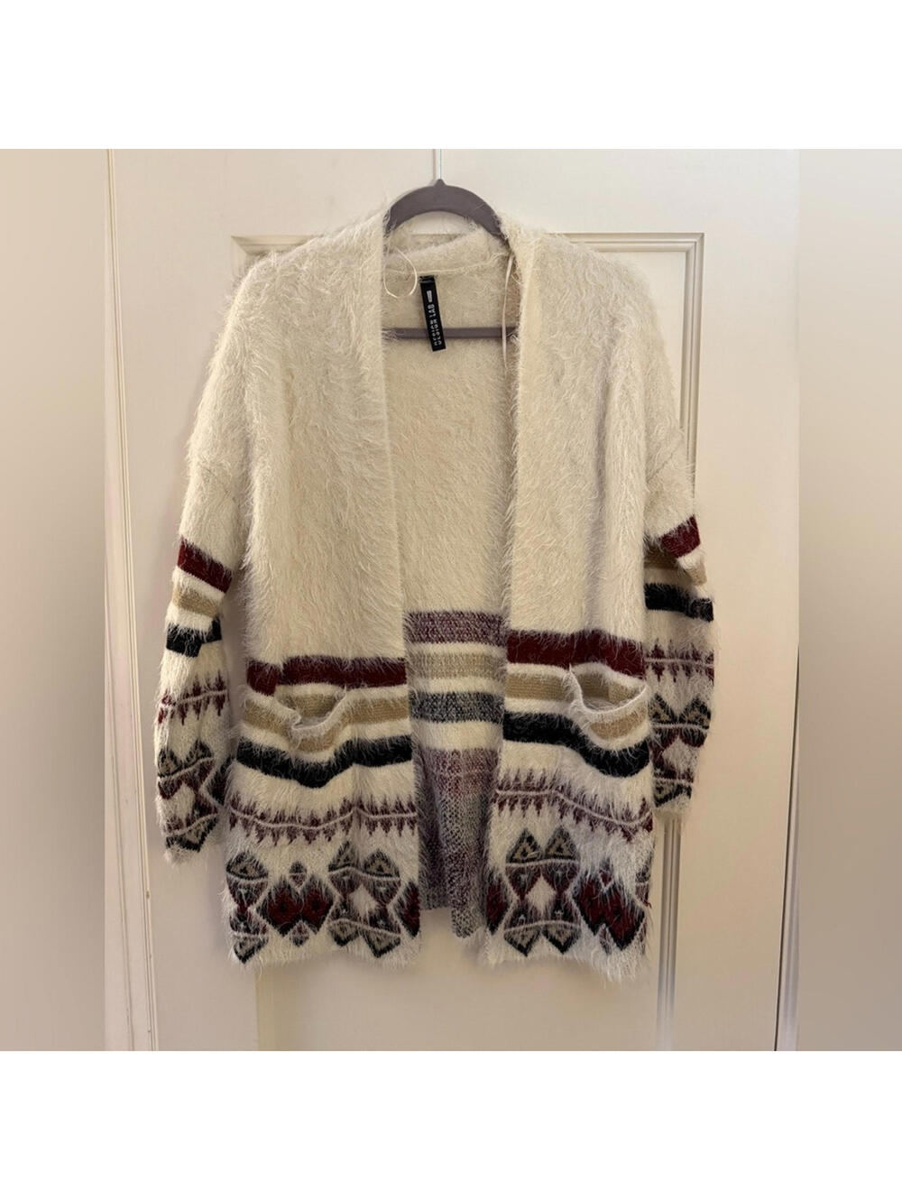 Y2K Design Lab ivory open front cardigan jacket with burgundy black details XS